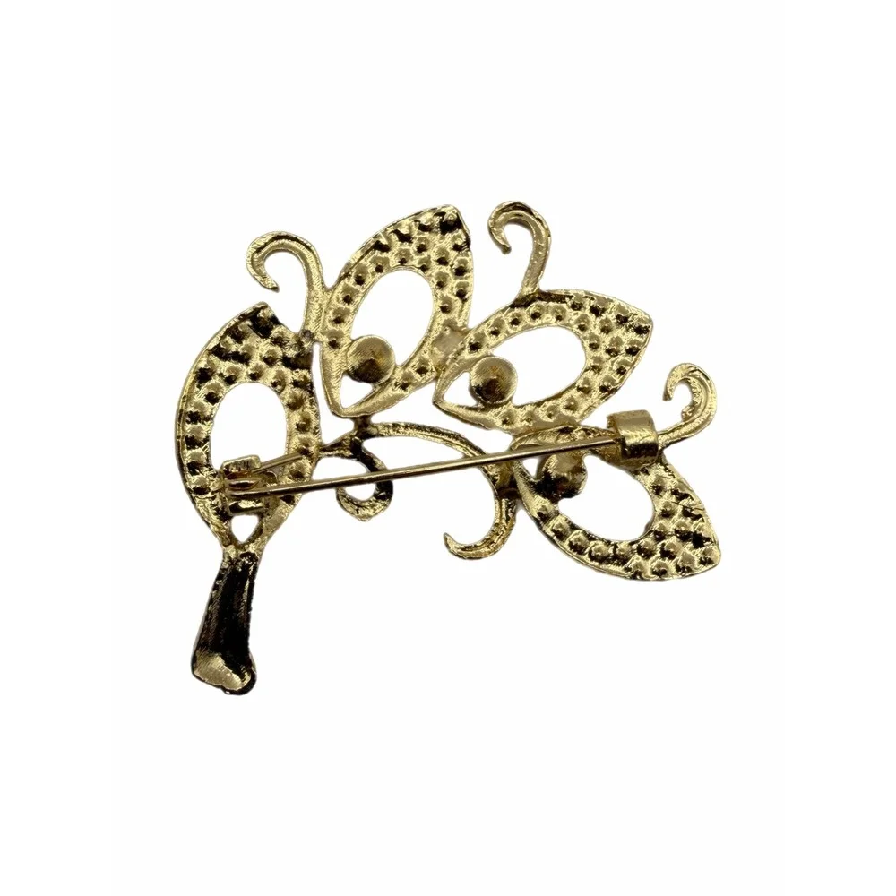 Gold Tone Rhinestone AB Crystal Leaf Brooch Pin Floral Spray Statement